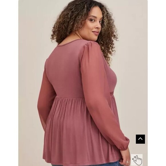 Torrid Babydoll Fabric Mix Super Soft Balloon Chiffon Sleeve Top Mauve Pink 4X - Picture 10 of 11